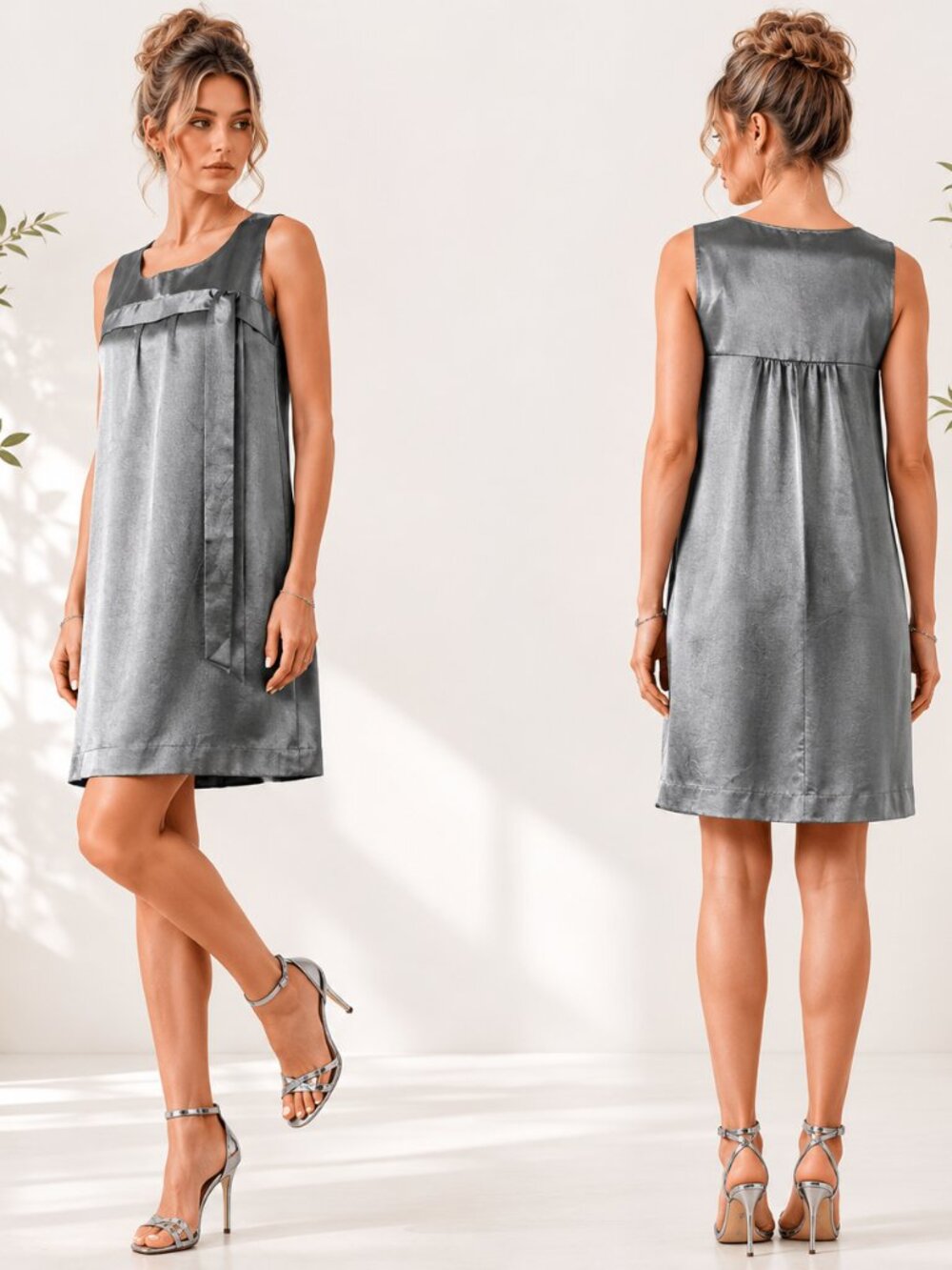 Soda Blu Metallic Satin Trapeze Tie Front Cocktail Shift Silver Gray Dress - Picture 4 of 11